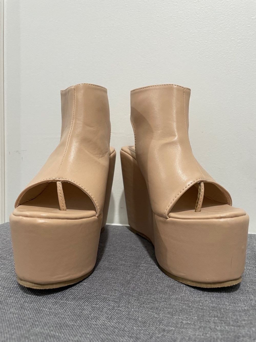 Camel tan leather Blush Platform Wedge Peep-Toe Sandals Velcro ankle straps